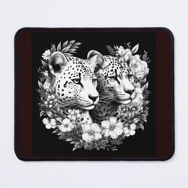 Item preview, Floral Cheetah Duo Black and White Wildlife Illustration designed and sold by inkoutninja.