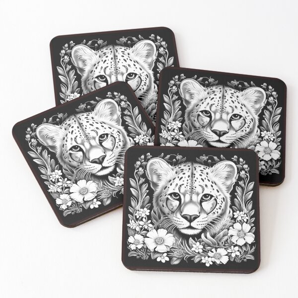 Item preview, Floral Cheetah Portrait Black and White Wildlife Illustration designed and sold by inkoutninja.