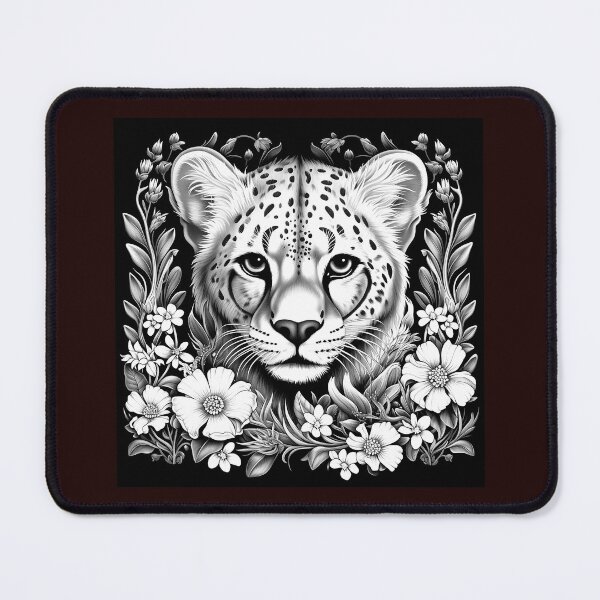 Item preview, Floral Cheetah Portrait Black and White Wildlife Illustration designed and sold by inkoutninja.
