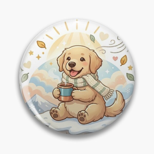 Artikelvorschau, Golden Retriever trinkt Kaffee bei Sonnenaufgang in den verschneiten Bergen (Aufkleber) – Gemütliche Winterkaffeeszene entworfen und verkauft von wildbest.