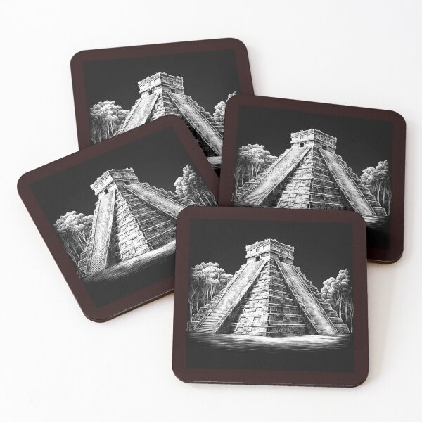 Item preview, Chichen Itza Pyramid Black and White Mayan Temple Illustration designed and sold by inkoutninja.