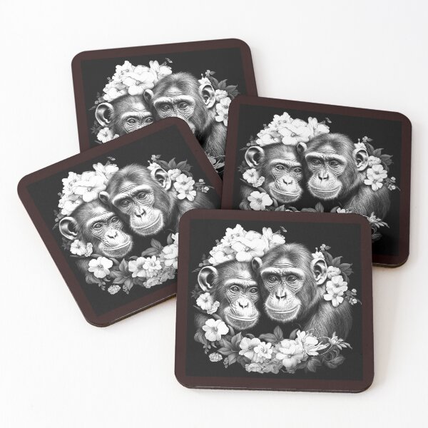 Item preview, Floral Chimpanzee Duo Black and White Wildlife Illustration designed and sold by inkoutninja.