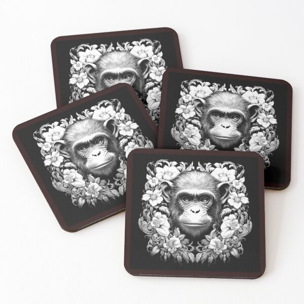 Item preview, Floral Chimpanzee Portrait Black and White Botanical Illustration designed and sold by inkoutninja.