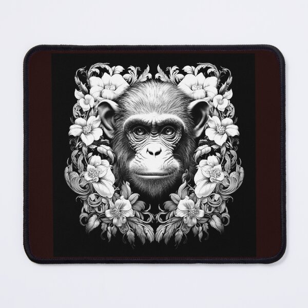 Item preview, Floral Chimpanzee Portrait Black and White Botanical Illustration designed and sold by inkoutninja.