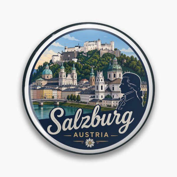 Artikelvorschau, Salzburg Austria Sticker – Vintage City Skyline with Mozart Silhouette entworfen und verkauft von pod24.