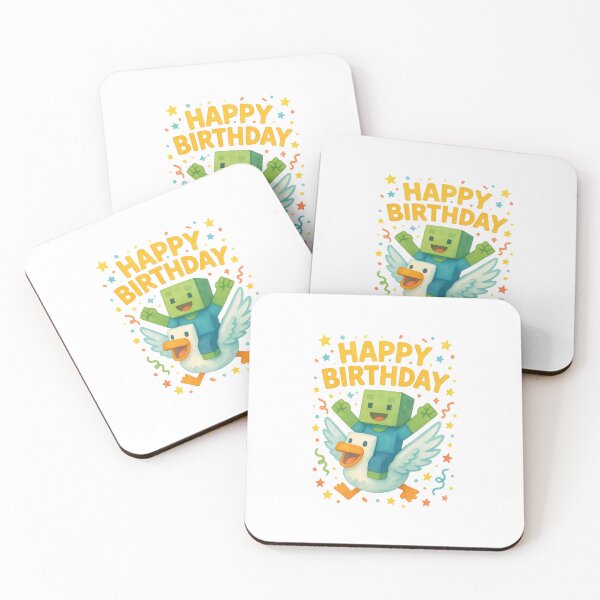 Item preview, Cute Gamer Birthday Illustration — Happy Birthday Block Character Riding a Duck Watercolor Art designed and sold by Colorful-Garden.
