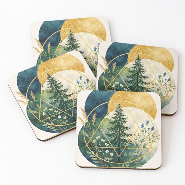 Item preview, Sacred Forest Geometry - Abstract Pine Tree and Wildflowers with Gold Accents designed and sold by myforestfog.