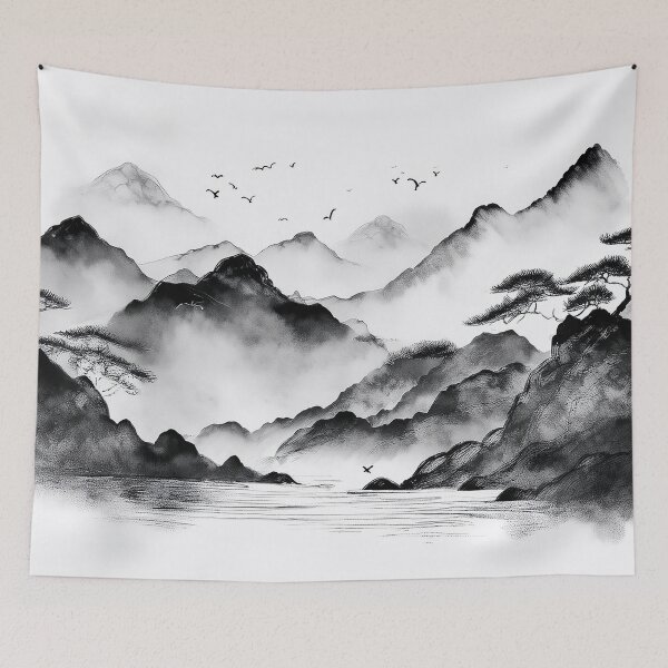Item preview, Monochrome ink Asian landscape designed and sold by AnnaHolyph.