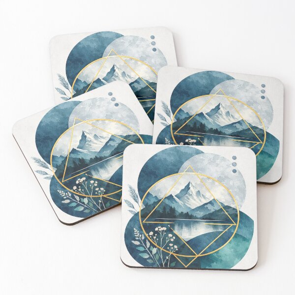 Item preview, Geometric Mountain Lake - Abstract Blue Landscape with Gold Sacred Geometry designed and sold by myforestfog.