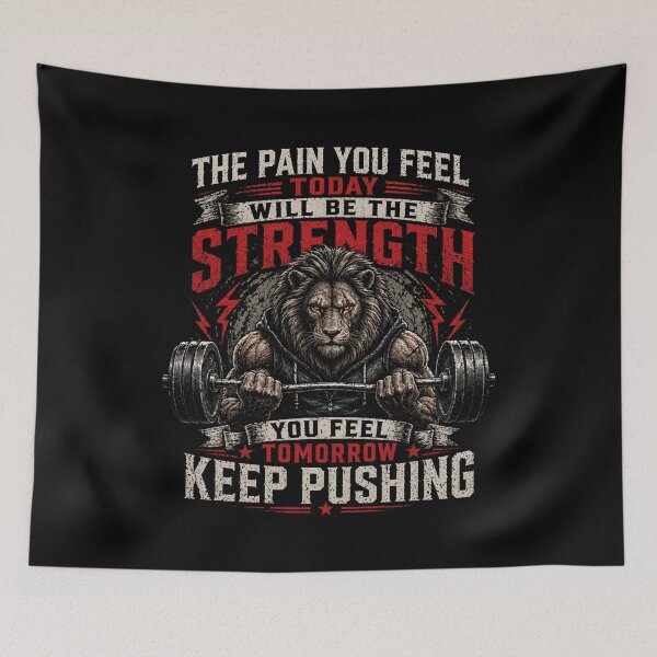 Item preview, Lion Strength Gym Motivation – Pain Today Strength Tomorrow Workout Quote designed and sold by IdentityThread.