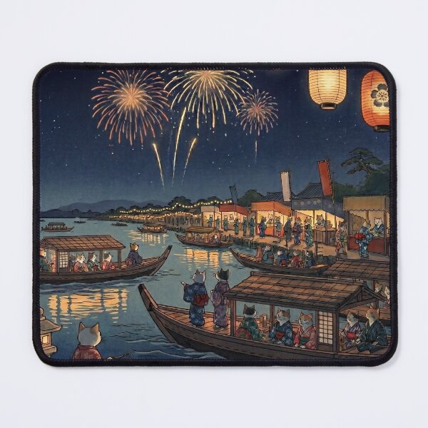 Item preview, Cats Watching Fireworks from a Pleasure Boat — Hanabi Neko Yakatabune no Zu | Japanese Ukiyo-e Cat Art designed and sold by Ukiyo Neko Hyakkei - Cats of the Floating World-.