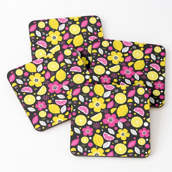 Artikelvorschau, Zitronenblumenmuster in Neonpink, Gelb und Schwarz entworfen und verkauft von FunnyTeeByMe.
