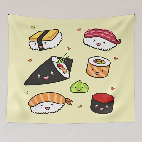 Aperçu de l'œuvre Rouleaux de sushi - Rouleaux de sushi kawaii, dessin animé de cuisine japonaise, adorable design de sushi style anime créée et vendue par trendieprints.
