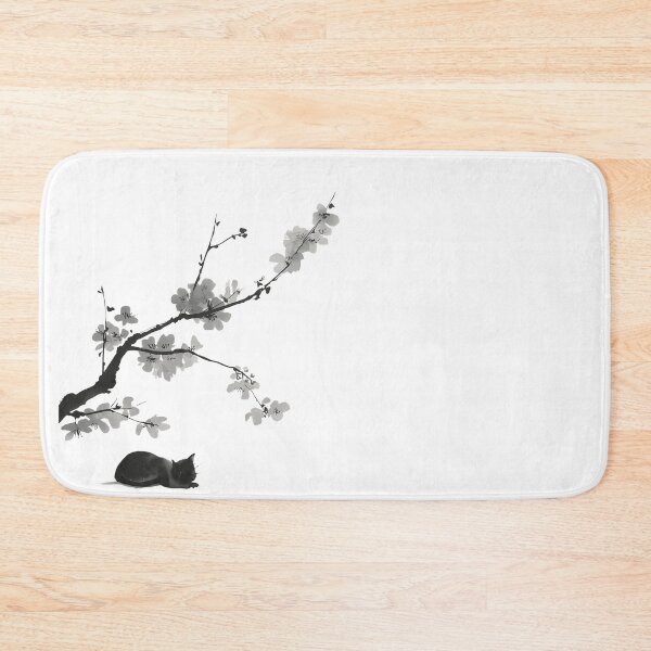Item preview, M minimalist Sakura Ink Art with Black Cat – Japanese Zen Floral Illustration designed and sold by YohakuPause.