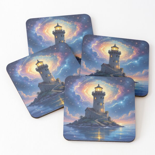 Item preview, Magical lighthouse under a cosmic night sky with glowing nebula and serene ocean reflections designed and sold by FotoworldEdel.