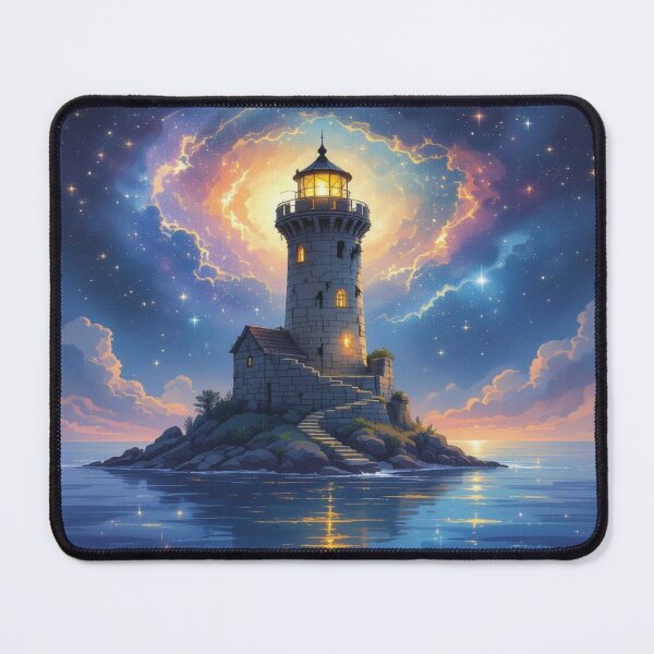Item preview, Magical lighthouse under a cosmic night sky with glowing nebula and serene ocean reflections designed and sold by FotoworldEdel.