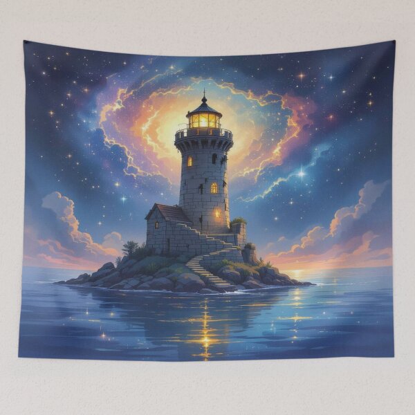 Item preview, Magical lighthouse under a cosmic night sky with glowing nebula and serene ocean reflections designed and sold by FotoworldEdel.