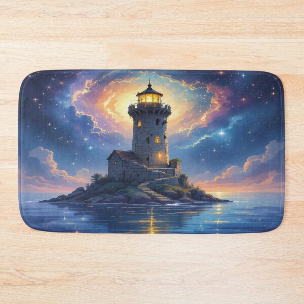 Item preview, Magical lighthouse under a cosmic night sky with glowing nebula and serene ocean reflections designed and sold by FotoworldEdel.