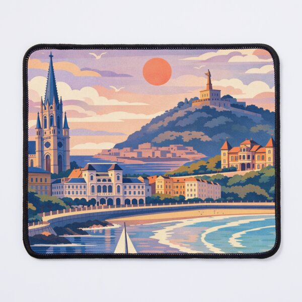Item preview, San Sebastián Spain bay coastline sunset travel poster designed and sold by MatthewHeights.