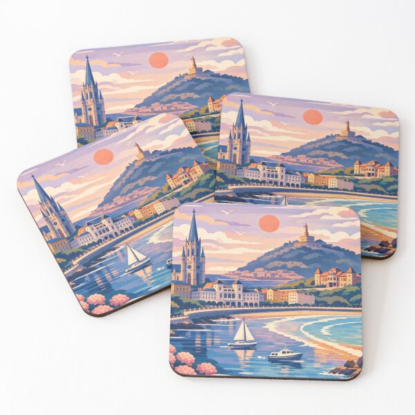 Item preview, San Sebastián Spain bay coastline sunset travel poster designed and sold by MatthewHeights.