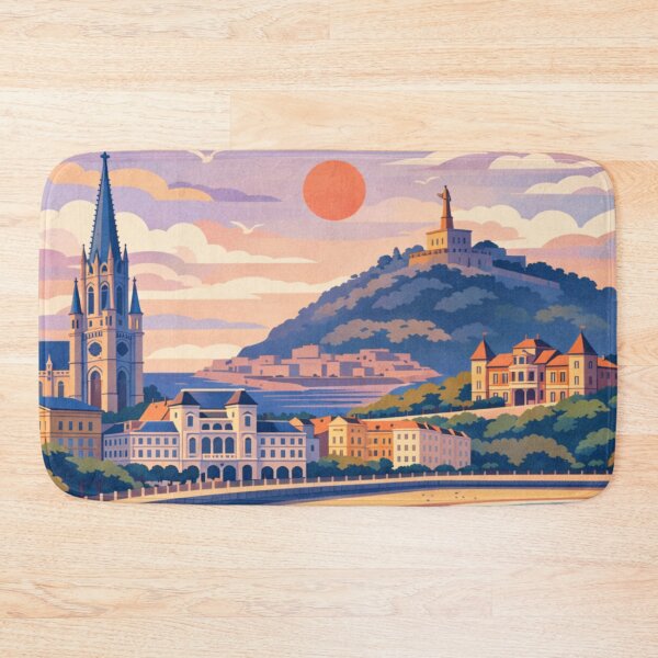 Item preview, San Sebastián Spain bay coastline sunset travel poster designed and sold by MatthewHeights.
