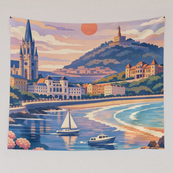 Item preview, San Sebastián Spain bay coastline sunset travel poster designed and sold by MatthewHeights.