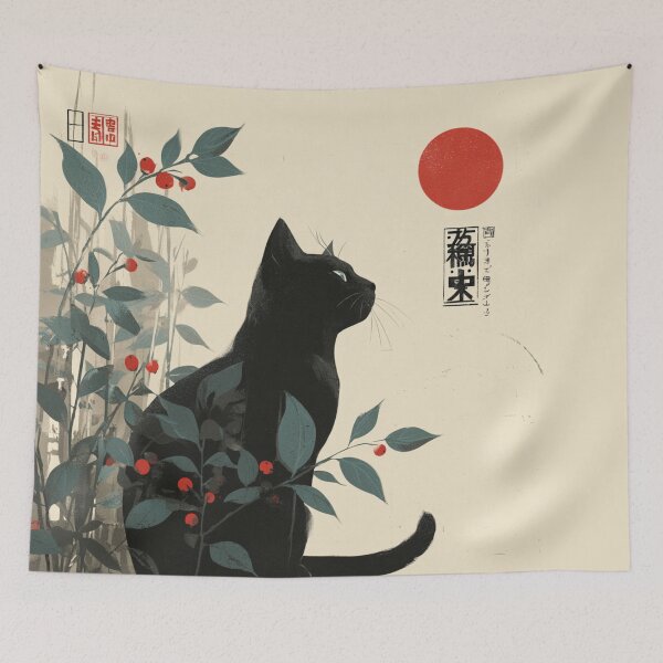 Item preview, Japanese Style Poster Black Cat Floral Art designed and sold by GrinGalore.