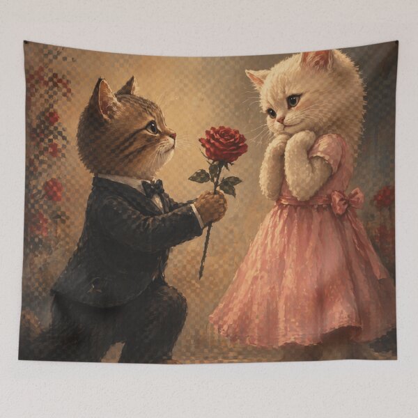 Item preview, Romantic Cats Painting Cute Couple Cats With Rose Vintage Style Wall Art designed and sold by IconicDesignsXd.