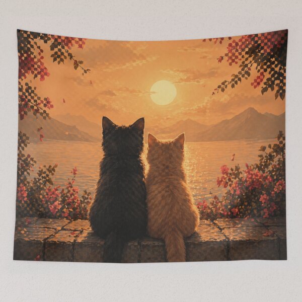 Item preview, Romantic Sunset Cats Aesthetic Couple Cat Landscape Art Phone Case Design designed and sold by IconicDesignsXd.
