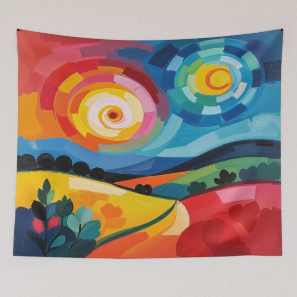 Item preview, Celestial Harmony – Colorful landscape with dual suns & stylized nature vibes designed and sold by FotoworldEdel.