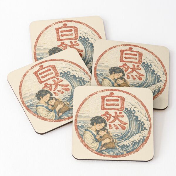 Item preview, Japanese Mother and Child Wave Vintage Ukiyoe Art big red letter mother nature sign red circle designed and sold by VISO-art.