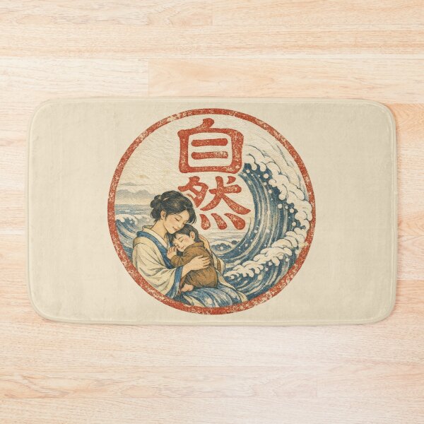 Item preview, Japanese Mother and Child Wave Vintage Ukiyoe Art big red letter mother nature sign red circle designed and sold by VISO-art.