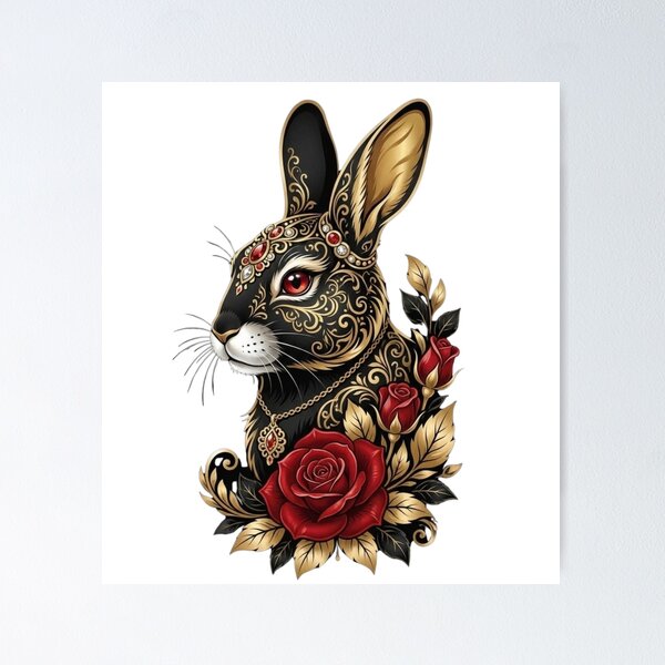 Item preview,  Gothic Luxury Golden Rabbit with Red Roses  Ornate Filigree Art designed and sold by QuietLines17.