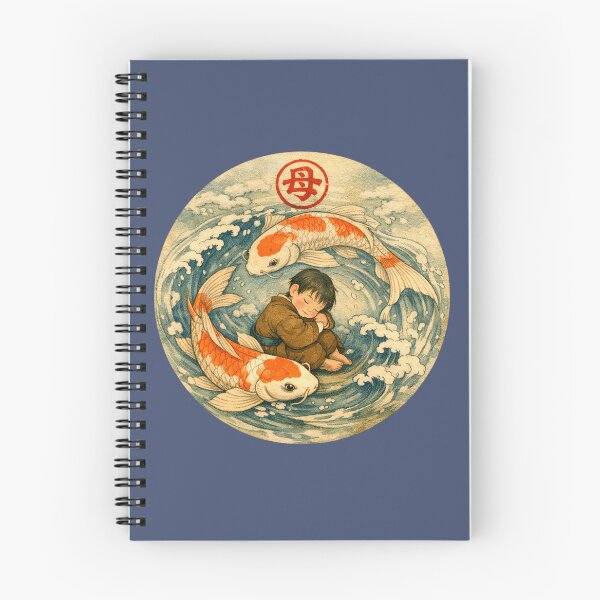 Item preview, Blue Koi fish boy son Japanese Mother and Child Wave Vintage Ukiyoe Art big red letter mother nature sign red circle designed and sold by VISO-art.