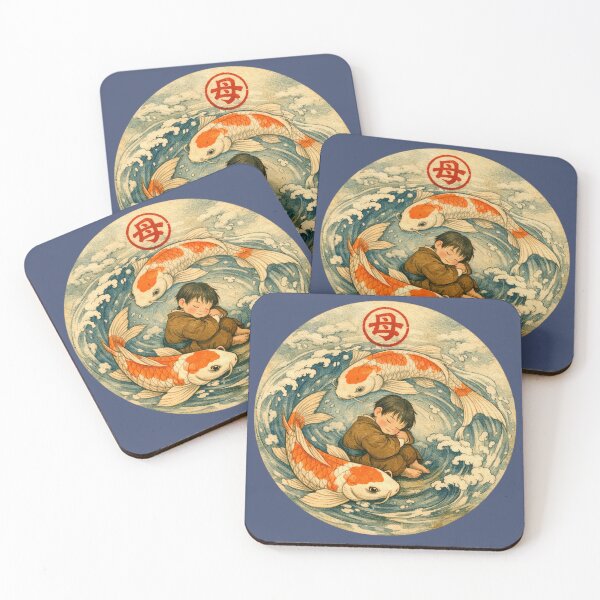 Item preview, Blue Koi fish boy son Japanese Mother and Child Wave Vintage Ukiyoe Art big red letter mother nature sign red circle designed and sold by VISO-art.