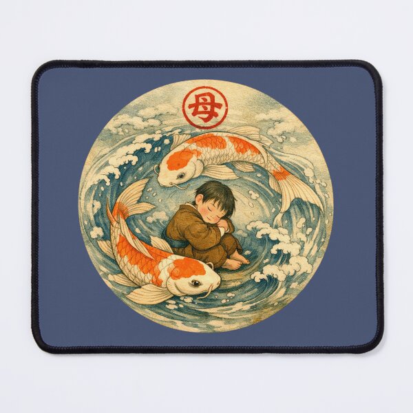 Item preview, Blue Koi fish boy son Japanese Mother and Child Wave Vintage Ukiyoe Art big red letter mother nature sign red circle designed and sold by VISO-art.