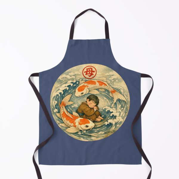 Item preview, Blue Koi fish boy son Japanese Mother and Child Wave Vintage Ukiyoe Art big red letter mother nature sign red circle designed and sold by VISO-art.
