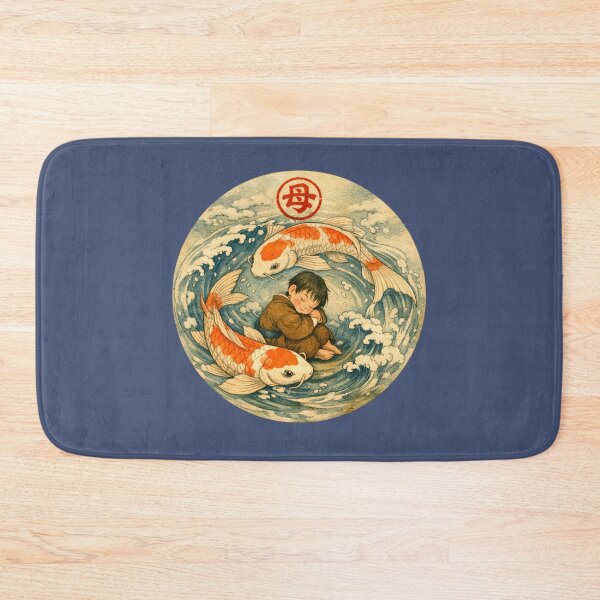 Item preview, Blue Koi fish boy son Japanese Mother and Child Wave Vintage Ukiyoe Art big red letter mother nature sign red circle designed and sold by VISO-art.