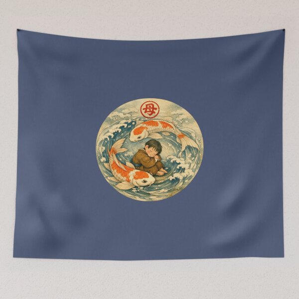 Item preview, Blue Koi fish boy son Japanese Mother and Child Wave Vintage Ukiyoe Art big red letter mother nature sign red circle designed and sold by VISO-art.