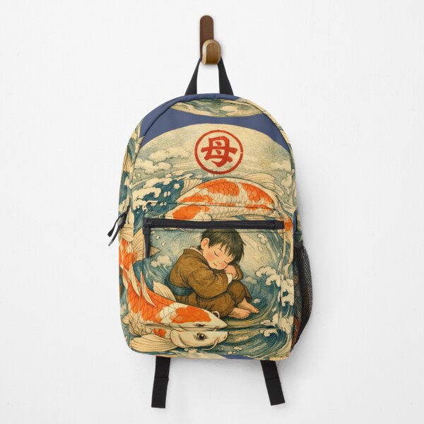 Item preview, Blue Koi fish boy son Japanese Mother and Child Wave Vintage Ukiyoe Art big red letter mother nature sign red circle designed and sold by VISO-art.