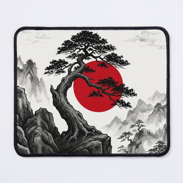 Item preview, Japanese Bonsai Cliffside - Sumi-e Ink Mountain Landscape Red Sun designed and sold by ArtisanBloom.