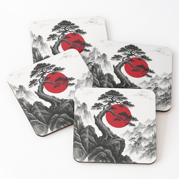 Item preview, Japanese Bonsai Cliffside - Sumi-e Ink Mountain Landscape Red Sun designed and sold by ArtisanBloom.