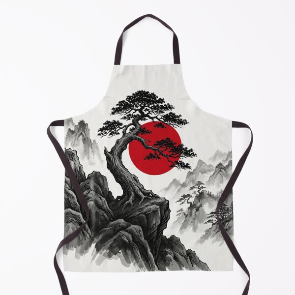 Item preview, Japanese Bonsai Cliffside - Sumi-e Ink Mountain Landscape Red Sun designed and sold by ArtisanBloom.