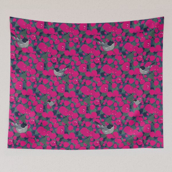 Item preview, Title: Blackcap Warbler in Bougainvillea Tropical Bird Botanical designed and sold by HillsandSheep.