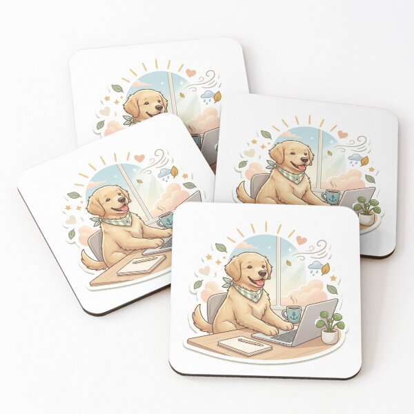 Item preview, Soft Beige Puppy Working on Laptop with Coffee – Cozy Minimal Home Office Aesthetic Sticker designed and sold by wildbest.