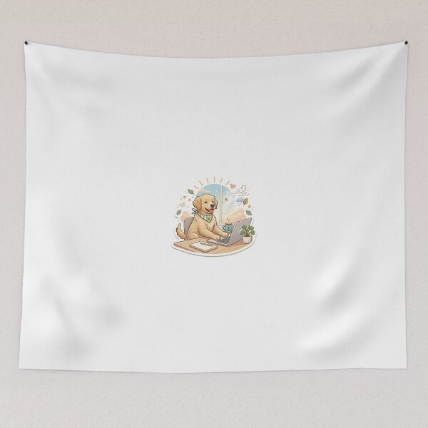 Item preview, Soft Beige Puppy Working on Laptop with Coffee – Cozy Minimal Home Office Aesthetic Sticker designed and sold by wildbest.
