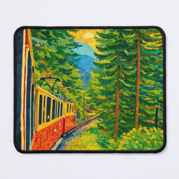Item preview, Historic Train emerging from the Pine Forest, Colorful Alps Panorama, Mixed Media Digital Collage designed and sold by SWSandraWechner.