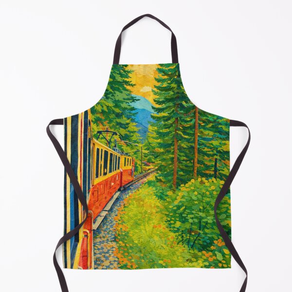 Item preview, Historic Train emerging from the Pine Forest, Colorful Alps Panorama, Mixed Media Digital Collage designed and sold by SWSandraWechner.