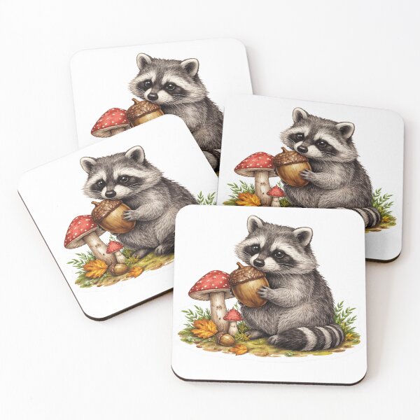 Item preview, Cute Raccoon Holding Acorn with Mushrooms Sticker designed and sold by  Artify Lab.