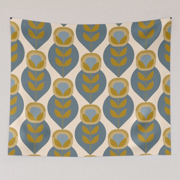 Item preview, Retro Mid Century Modern Flowers - Mustard Gold and Dusty Blue designed and sold by JMgraphic.